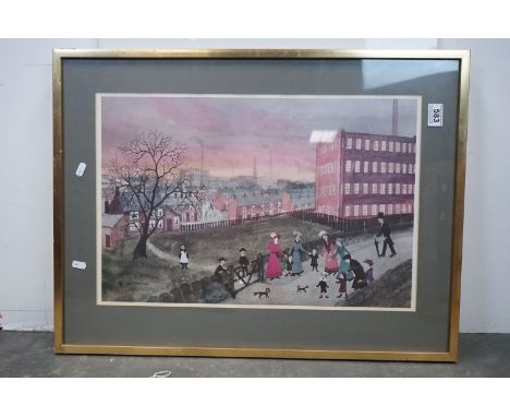 A large framed and glazed Helen Bradley coloured print titled Family In a Spring Lane 72 x 54.5 cm.together with a framed and