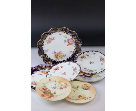 A pair of small blush ivory Worcester plates with floral decoration two Royal Doulton scalloped edged dishes  with floral dec