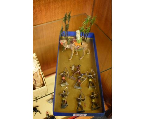 Britains:&nbsp;six vintage African warriors; together with a similar Arab mounted on camel; a Zulu warrior; and two metal pal