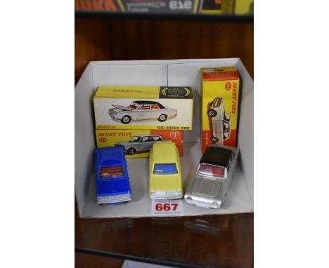 Dinky Toys:&nbsp;three vintage diecast vehicles, comprising: Ford Corsair 2000E, No.169; Vauxhall Viva, No.136; and a Vauxhal