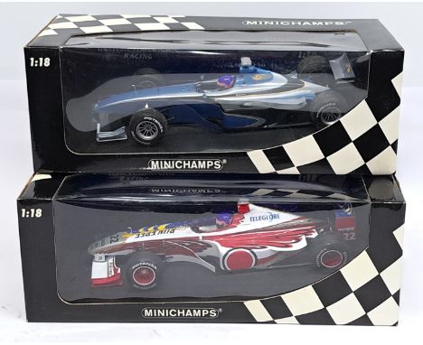 MiniChamps, 1:18 scale, J. Villeneuve, a boxed Racing Car pair. &nbsp;Consisting of BAR 01 Supertec (1999) &amp; BAR 01 Super