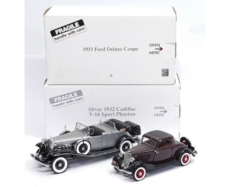 Danbury Mint, 1:24 scale, 1933 Ford Deluxe Coupe &amp; Silver 1932 Cadillac V-16 Sport Phaeton, a boxed pair.&nbsp; Although 