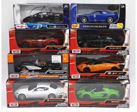 Motor Max &amp; Maisto, 1:24 scale, a boxed Car group. &nbsp;Includes Maserati Gran Turismo, Nissan Skyline R34 GT-R &amp; 19