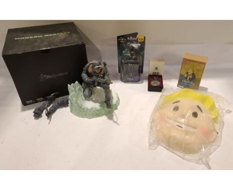 Ubisoft, Bethesda &amp; Similar, A boxed Group of Video Game Merchandise. Includes Vault Boy Charisma Bobblehead, 1:6 Scale C