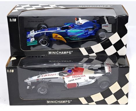 MiniChamps, 1:18 scale, J. Villeneuve, a boxed Racing Car pair. &nbsp;Consisting of Sauber Petronas C24 (2005) &amp; B.A.R. H