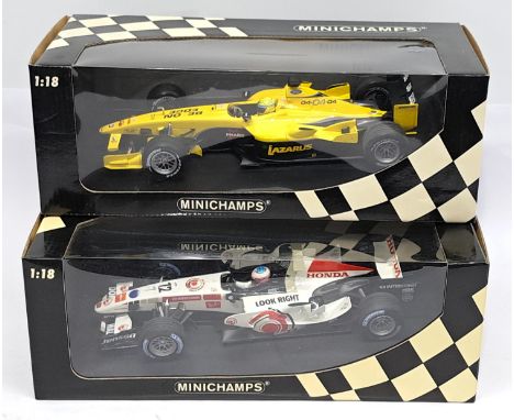 MiniChamps, 1:18 scale, a boxed Racing Car pair.&nbsp; Consisting of Jordan Ford Showcar 2004 G. Pantano &amp; Honda Racing F