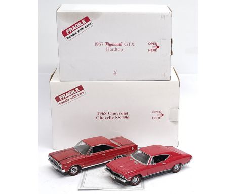 Danbury Mint, 1:24 scale, 1967 Plymouth GTX Hardtop &amp; 1968 Chevrolet Chevelle SS-396, a boxed pair.&nbsp; Although unchec