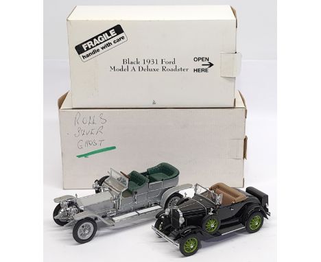 Danbury Mint &amp; Franklin Mint, 1:24 scale, Black 1931 Ford Model A Deluxe Roadster &amp; Rolls-Royce Silver Ghost, a boxed