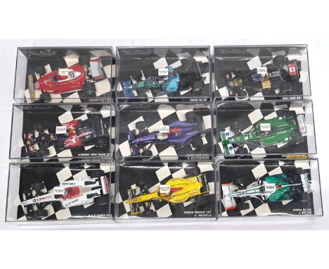 Minichamps, 1:43 scale, F1 Formula 1 Racing Cars group.&nbsp; Includes Honda RA108 J. Button 2008 &amp; Ferrari 312 T 1975 N.
