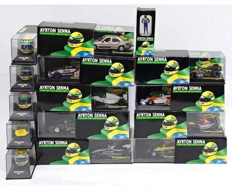 Minichamps, Ayrton Senna, Cars, Helmets &amp; Figure, a boxed group. &nbsp;Although unchecked for completeness condition gene