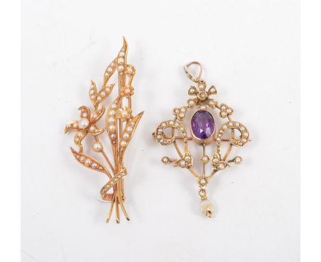 An Edwardian brooch and an Edwardian brooch pendant, the 55mm seed pearl spray brooch marked 15ct, the brooch pendant set wit