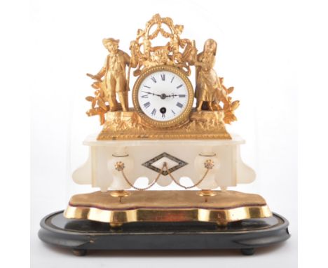 French gilt spelter and alabaster mantel clock, modelled with gardeners, white enamel dial, cylinder movement, under glass do