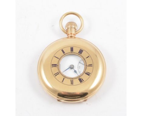 A 9 carat yellow gold half-hunter pocket watch, the white enamel dial named "W Benson London", having a Roman numeral chapter