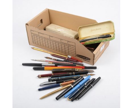 A collection of pens and penknives, Sheaffer, Conway Stewart,  vintage un-named marble effect, brass lighter and bookmark etc