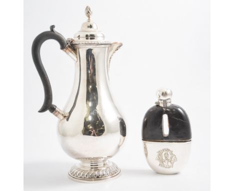 A silver plated hip  flask, 16cm, removable cup over glass flask, monogrammed, an Elkington & Co silver plated claret jug in 