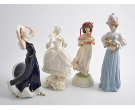 Royal Dux figurines, Lady in hat, Gentleman, Lady with dog, Lady seated, three Goebel figurines, including Pinkie, three Dres