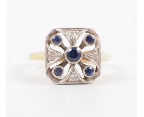 A sapphire and diamond dress ring, five sapphires and four diamonds set in a modern art deco style 18 carat yellow and white 