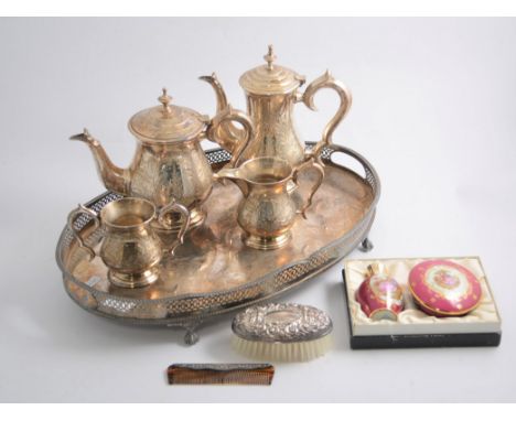 Silver-back brush and comb set; dressing table set, set of Bridge cards, and a plated tea set and tray.