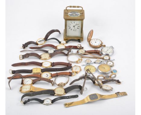 A collection or wrist and pocket watches and a carriage style clock, a brass 14cm carriage style timepiece with key (presenta