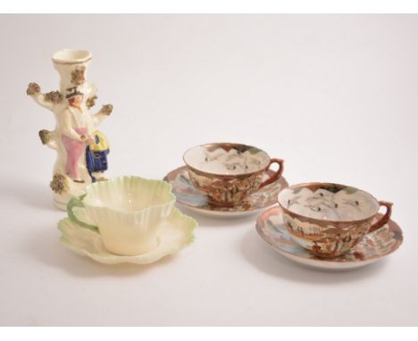 Belleek cup and saucer; Spode shape pot pourri; cups and saucers; and a Staffordshire spill vase.