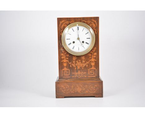 19th Century French rosewood and marquetry mantel clock, rectangular case, raised on a plinth, decorated with urns of flowers