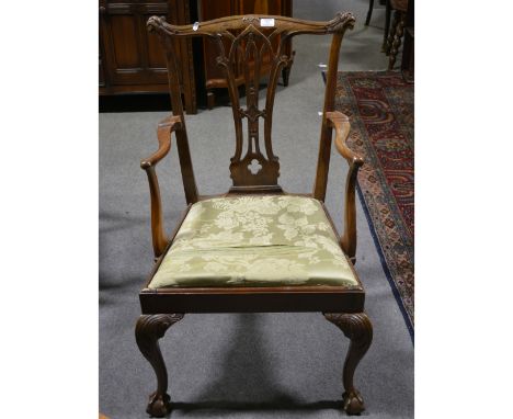 Pair of Chippendale style armchairs, carved and pierced back, shaped arms, drop-in seats, carved cabriole legs with ball and 