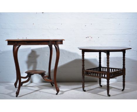 Edwardian walnut window table, serpentine top with a moulded edge, cabriole legs joined by a shelf; and an oak centre table. 