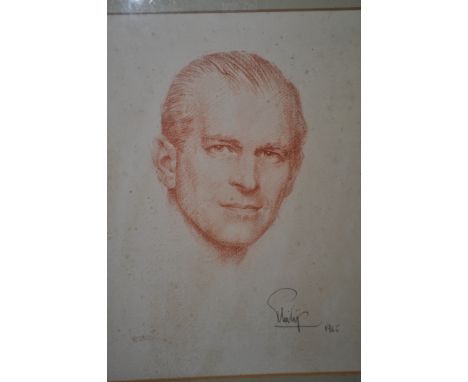 A framed and glazed pastel portrait print of H.R.H The Duke Of Edinburgh K.G by Leonard Boden. To commemorate the visit of Th