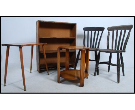 A collection of furniture to include a pine open window bookcase, 2 Victorian beech and elm wood dining chairs, a 1930's Art 