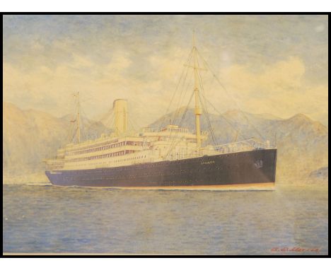 AE Morris. Portrait shipping agents watercolour painting of the ship ' Arcadian, Ex Asturias ' signed in bottom right corner 