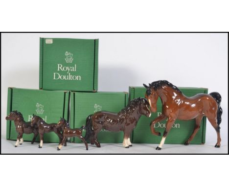 A group of five Royal Doulton ceramic figures to include Shetland Pony Brown, Shetland Foal Brown along with two other Royal 