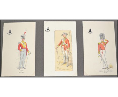 Military interest. An old album with fifty one vintage illustrated cards depicting British and Br Empire Army uniforms from t