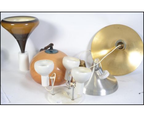 A collection of five vintage / retro 20th century ceiling light fixtures to include chrome and brass examples, a retro rise a