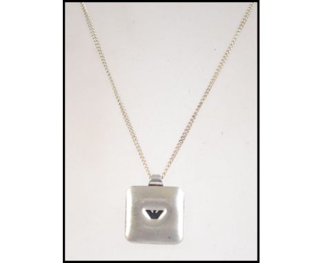 Emporio Armani soft square silver pendant with eagle logo to centre.  Embossed EMPORIO GA ARMANI to verso on silver chain bot