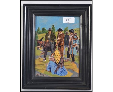 A Daniel Zuloaga (1852 -1920) ceramic plaque, circa 1910 being framed. Impressed mark to the rear set within ebonised frame. 