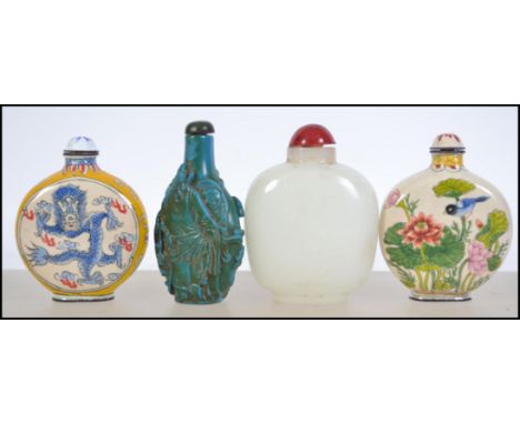 Four 20th century Chinese scent bottles. To include a jade style one, painted glass and enamel examples please see images. Ta