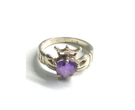 9ct white gold vintage amethyst heart ring (2.9g) 