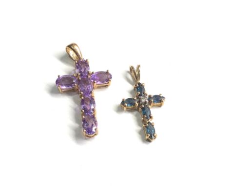 2 x 9ct gold vintage stone set cross pendants inc. amethyst, sapphire &amp; diamond (2.6g) 