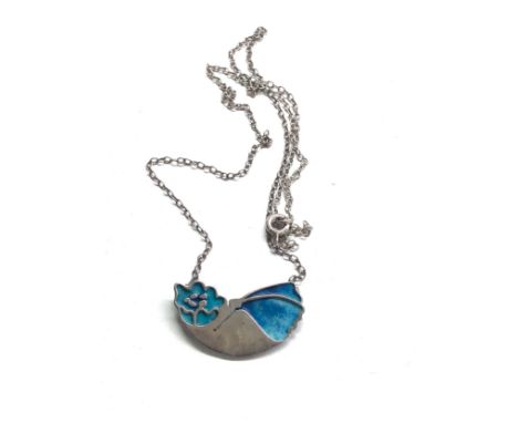 Vintage sterling silver blue enamel floral pendant necklace by Norman Grant 