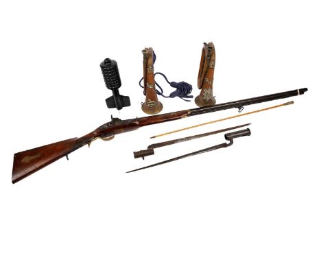 A Turkish percussion action longarm, the 92cms barrel over steel ramrod and bearing various markings, glock plate stamped '18