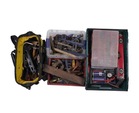A selection of hand tools contained in three boxes, to include a wood plane, files and other items; together with a Stanley t