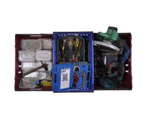 A selection of power tools, to include: a Black and Decker drill; a planer; a jigsaw and others; together with a selection of