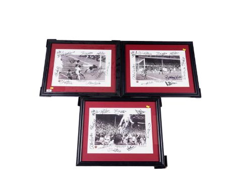 Three framed Sunderland vs Leeds United 1973 FA Cup Final prints, all signed by members of the Sunderland team, including: Da