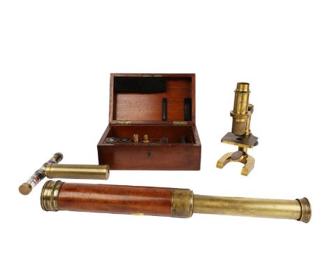 A 19th Century lacquered brass monocular microscope, by R. Wasserlein, Berlin, with fitted wooden box, with the hinged lid op