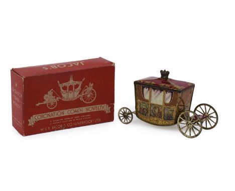 A W. &amp; R. Jacob &amp; Co. Ltd. 'Coronation Coach' biscuit tin, in the form of a carriage, the lid handle in the form of a