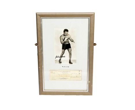 A signed Jake LaMotta Skybrite Inc. cheque, dated 24th October 1955, in frame alongside a photograph of Jake LaMotta 'The Bro