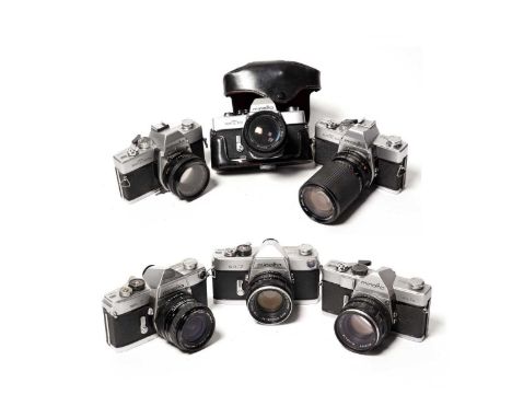 Six Minolta SLR cameras, comprising: a Minolta SR-1s; a Minolta SR T101 camera, fitted Rokkor 50mm f1.4 lens, in case; a Mino