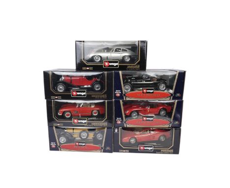 A collection of Bburago 1:18 scale diecast model cars, comprising: Alfa Romeo SC Monza; Jaguar E-Type; Ferrari Testarossa; Fe