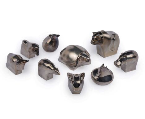 A collection of Dansk Designs silver plated animal paperweights, comprising: a lion, a hippopotamus, a panda, a bear, a rabbi