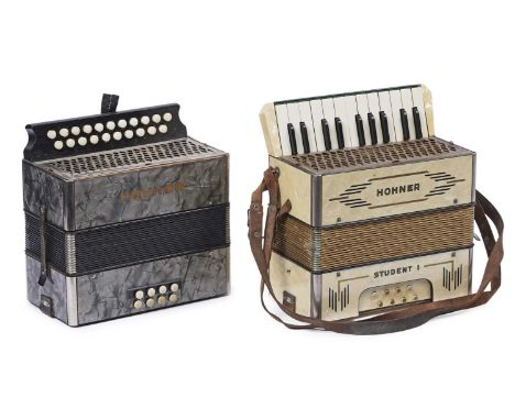 A Hohner Student I 8 bass accordion, in pearloid case; and another similar, in grey pearloid case. (2)